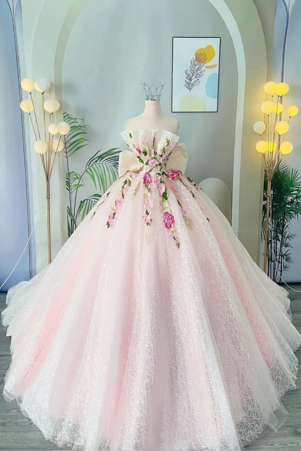 NiceVestidos – Rosa süßes, florales, elegantes, langes Tüll-Ballkleid NV5873