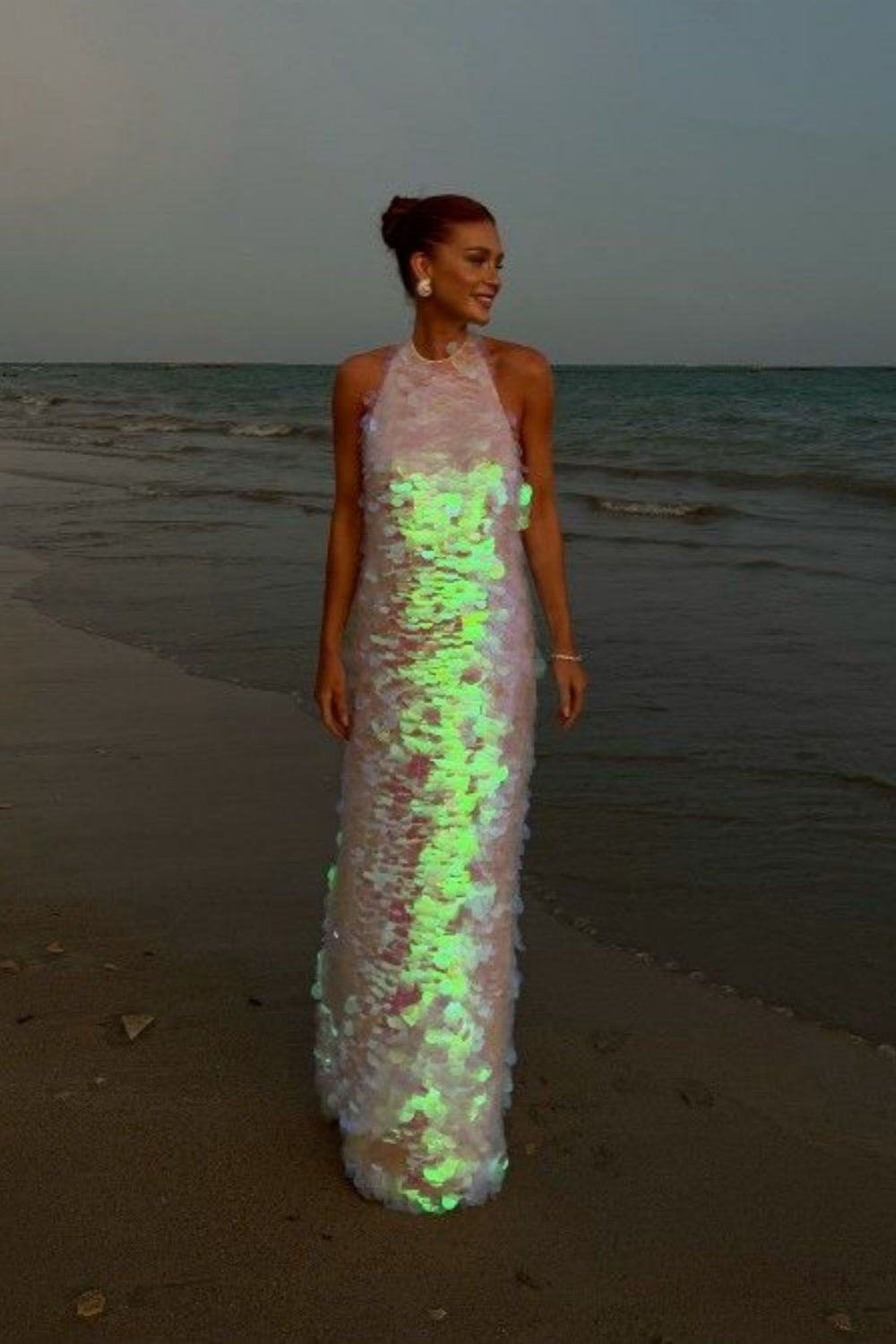 Rosa glänzende Pailletten Neckholder langes Ballkleid Geburtstagspartykleid nv5291