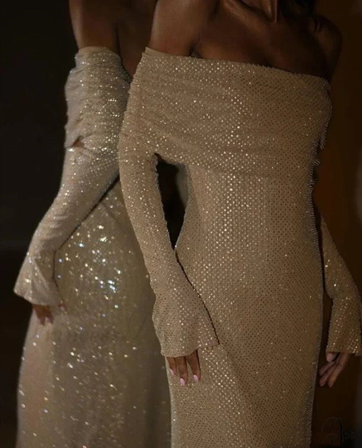 Champagne gold/grey sequined long sleeves charming off-the-shoulder long prom dress party dress nv5295