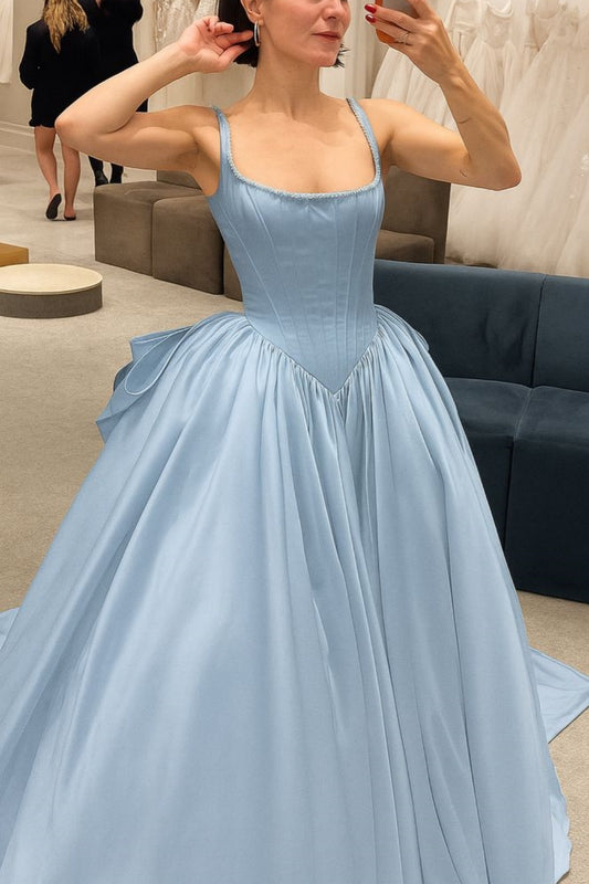 NiceVestidos--Blue Simple Fashion Corset Long Satin Square Neck Prom Dress Ball Gown Wedding Dress NV5839