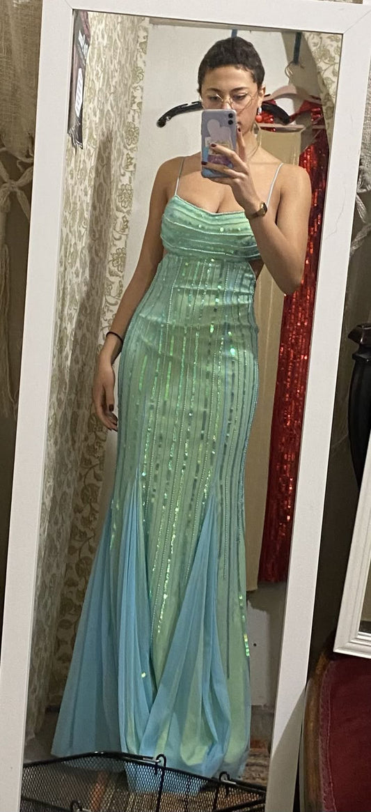 Green Gorgeous Shiny Fashion V-neck Exquisite Beading Pretty Mermaid Floor-length Tulle Ball Gown Evening Gown Party Dress nv3619