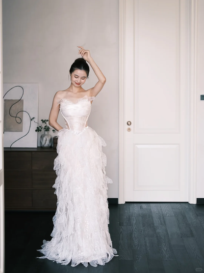 Off Shoulder Sheer Leaf Petal Tulle Bridal Gown, Boned Corset Wedding Dress  NV7362