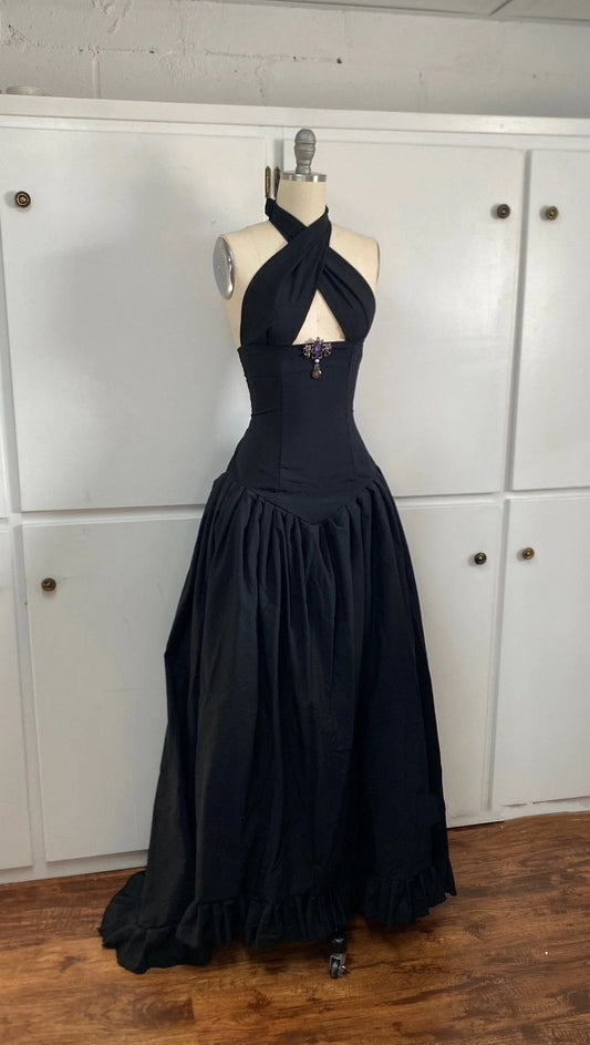 Black Halter Neck Cutout Fitted Ball Gown  NV6248