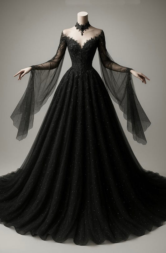 Black Shimmering Long Wedding Dress For Brides, Floor-Length NV6701