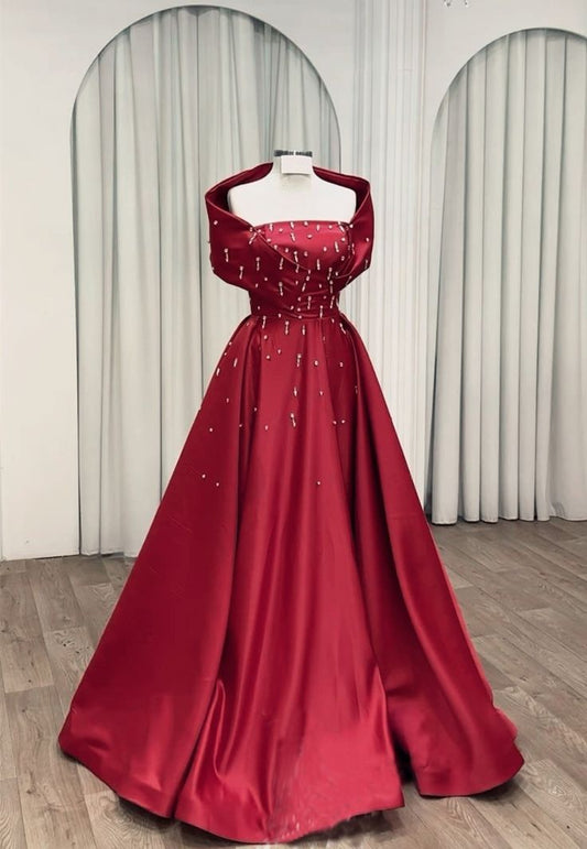 NiceVestidos--Burgundy Satin Off - Shoulder Rhinestone Gown Elegant And Grand Floor - Length Banquet Dress NV5756