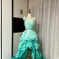 Mint Green Ombre One-Shoulder Ruffled Trailing Formal Dress Mermaid Style Rhinestone Belt Evening Gown   NV6866