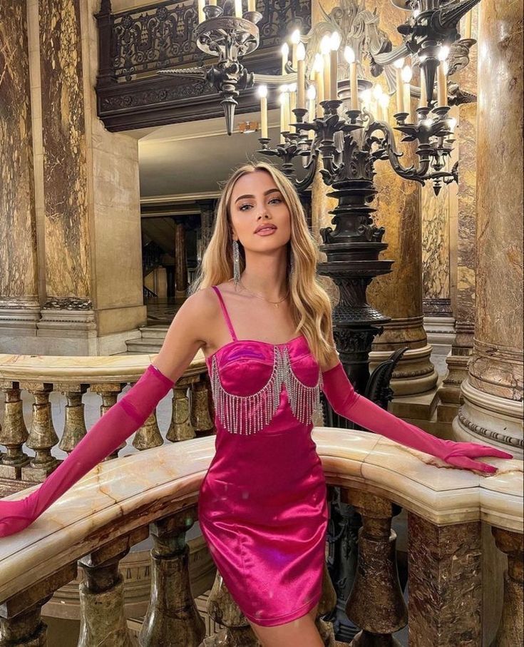 Robe de soirée courte et fine Barbie rose à la mode, robe de soirée, robe de soirée, robe de soirée, avec chaîne et gants, nv2355