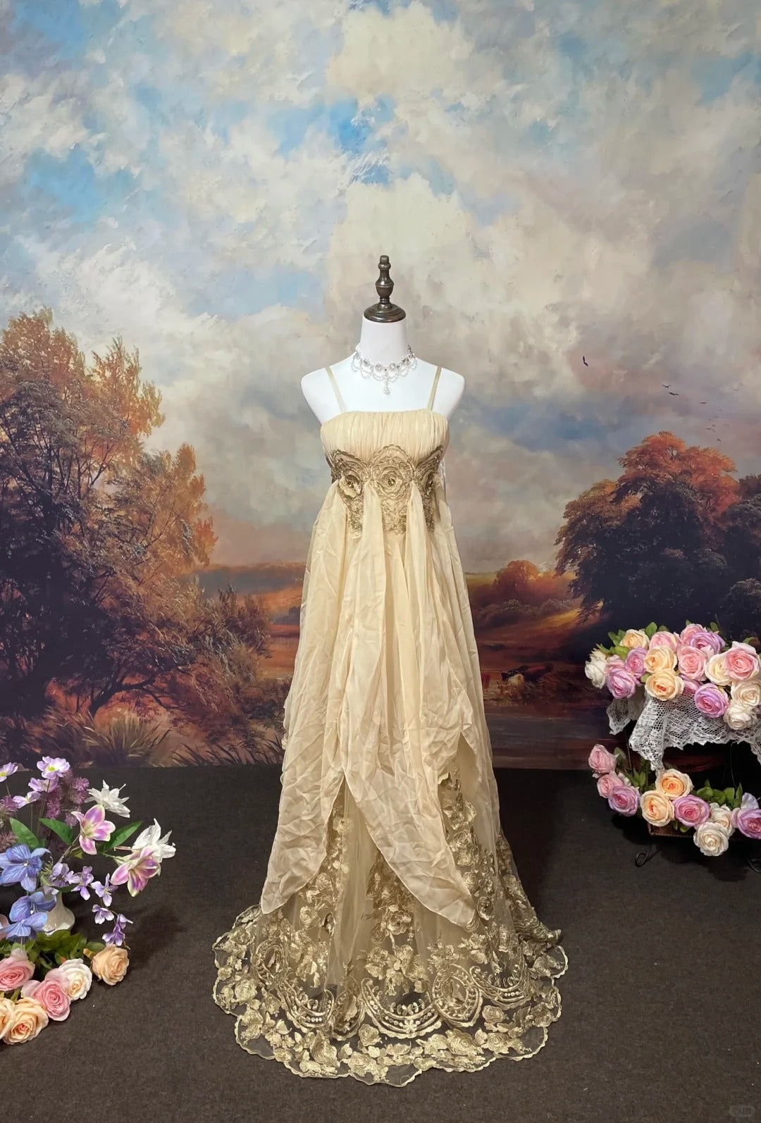 Champagne Brown Vintage Elegant Retro Fashion Romantic Exquisite Lace Floor Length Tulle Ball Gown Evening Gown Prom Gown nv4078