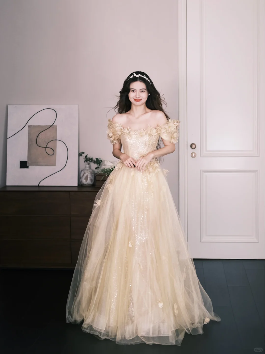 Off-the-Shoulder Champagne Sequin Tulle Prom Dress, 3D Flower Princess Ball Gown  NV7309
