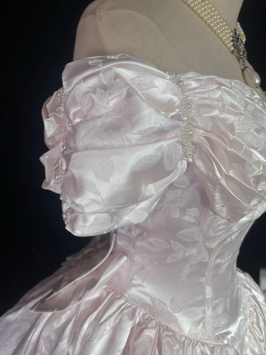 Off Shoulder Pale Pink Vintage Tea Length Prom Dress Jacquard Satin Puff Sleeve Floral Pattern A-Line Formal Gown  NV6900
