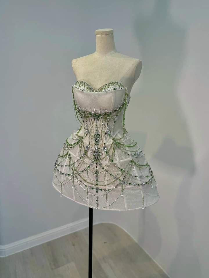 White Green Beaded Short Satin Homecoming Dress Party Gown nv4857