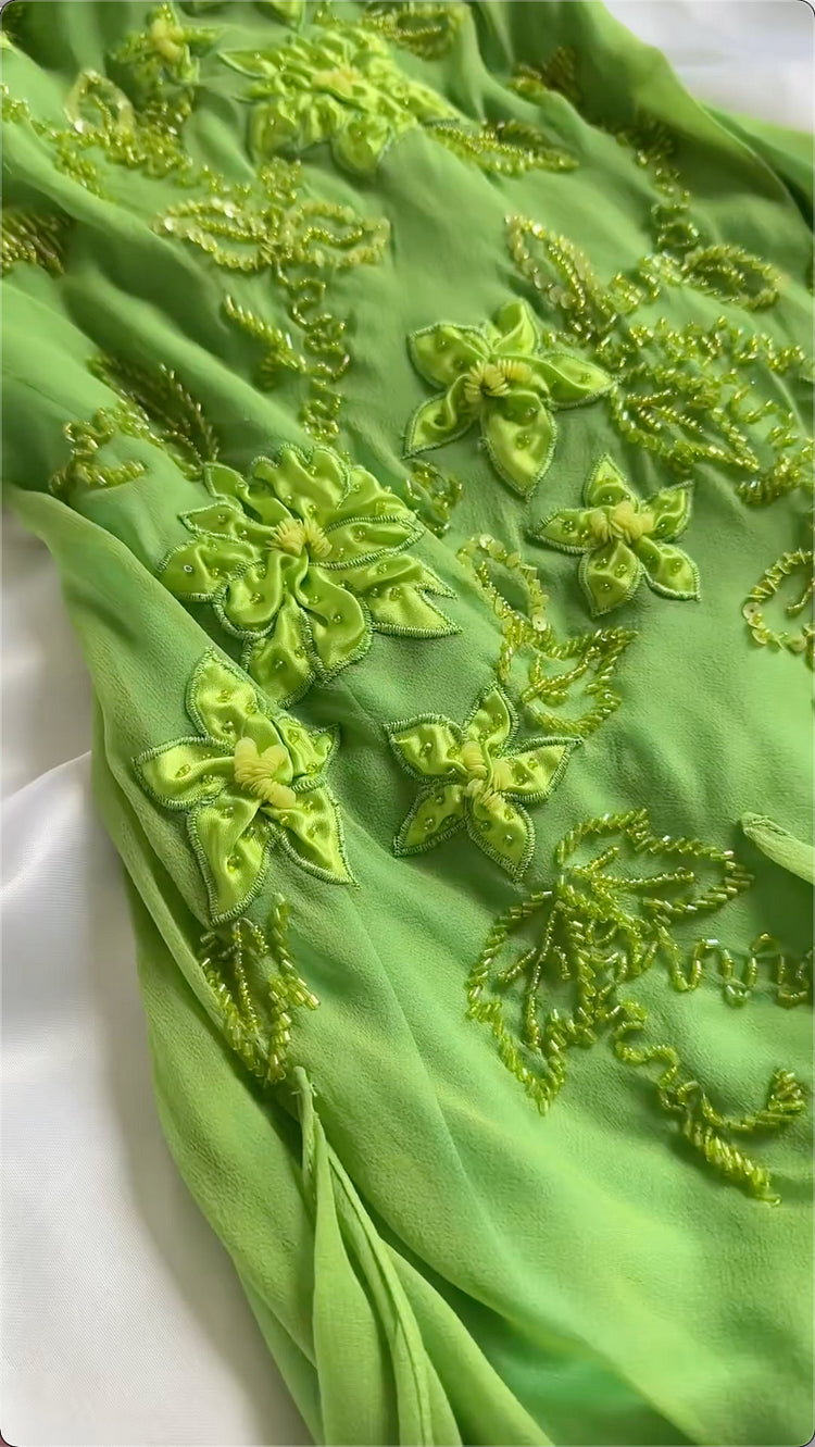 Green shiny fashion exquisite floral beading spaghetti straps long chiffon ruffles long ball gown evening dress party dress nv3578