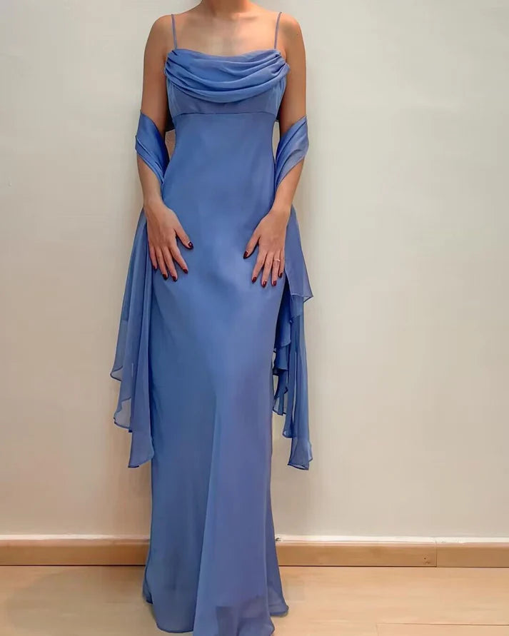 Blue elegant fashion spaghetti strap long chiffon ball gown, evening dress, party dress with same style ribbon nv3713