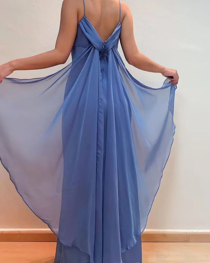 Blue elegant fashion spaghetti strap long chiffon ball gown, evening dress, party dress with same style ribbon nv3713