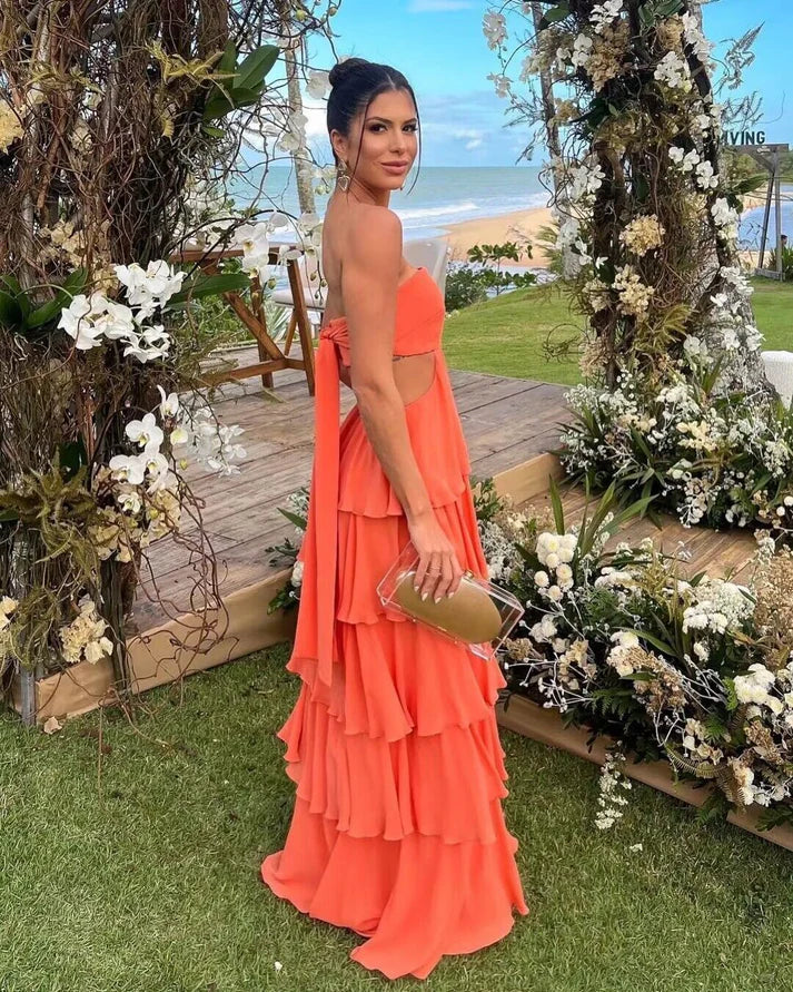 Robe de soirée longue à volants et bustier orange en forme de A nv2207
