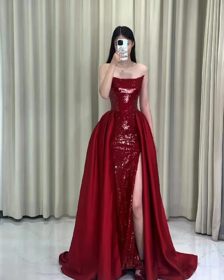 Robe de soirée sirène rouge à épaules dénudées et paillettes, ligne A, longue fente, robe de bal, robe de soirée nv2515