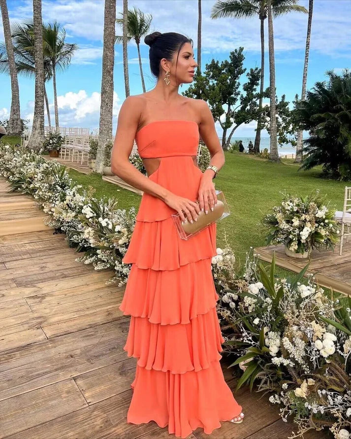 Robe de soirée longue à volants et bustier orange en forme de A nv2207