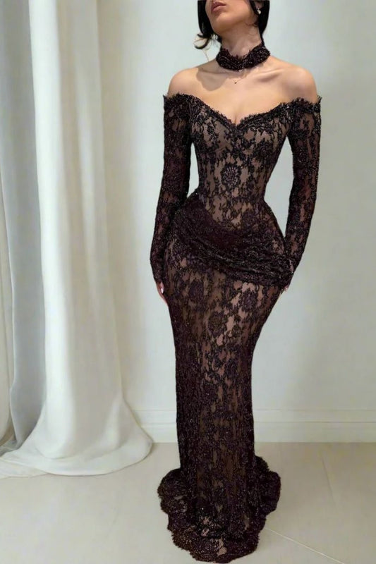 New Fashionable Lace Mature Women's Dress, Sexy Dress, Long-Sleeved Dress, Formal Dress NV6342