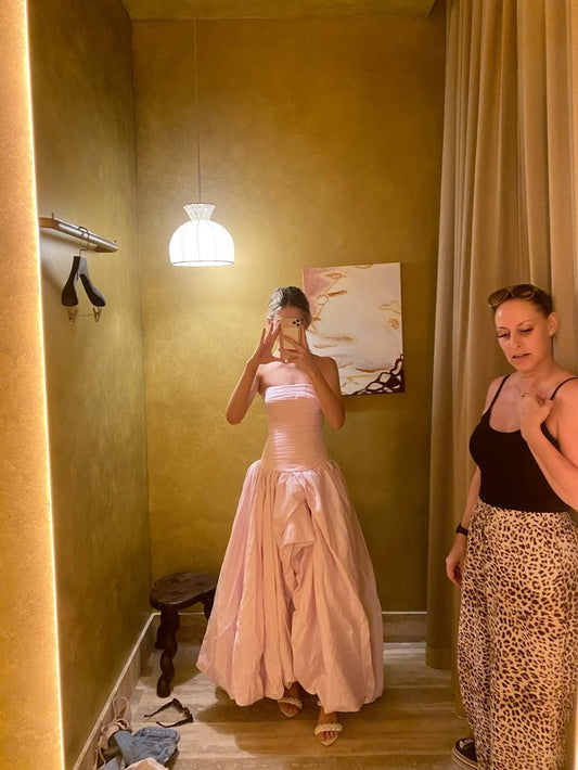 Robe de soirée longue plissée en tulle rose nv2961