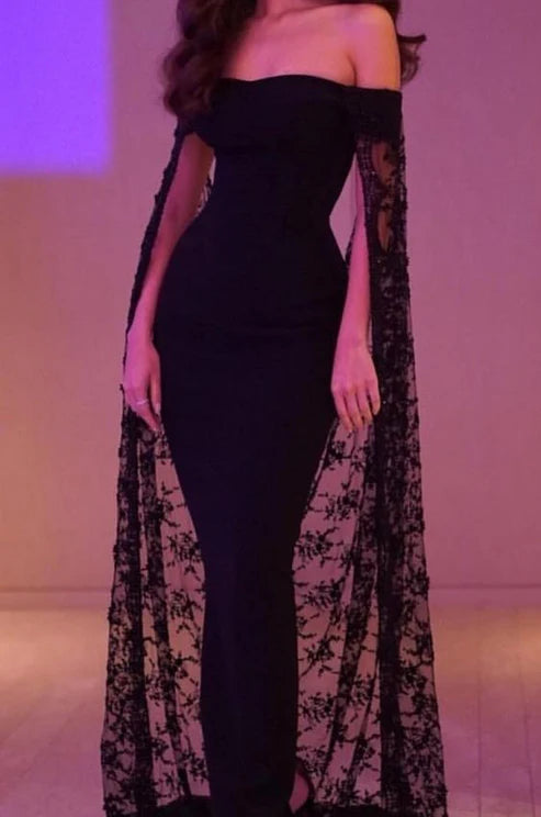 Black noble and elegant mermaid slim lace cape elegant long floor-length trailing ball gown evening dress party dress nv1914