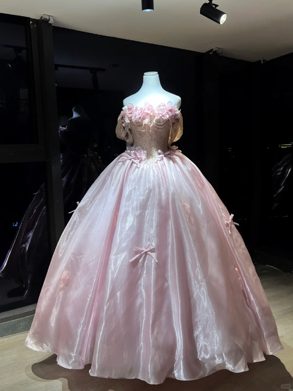Pink Off Shoulder Organza Ball Gown, Lace Corset Dress with 3D Rose Flowers and Handmade Bows  NV7095
