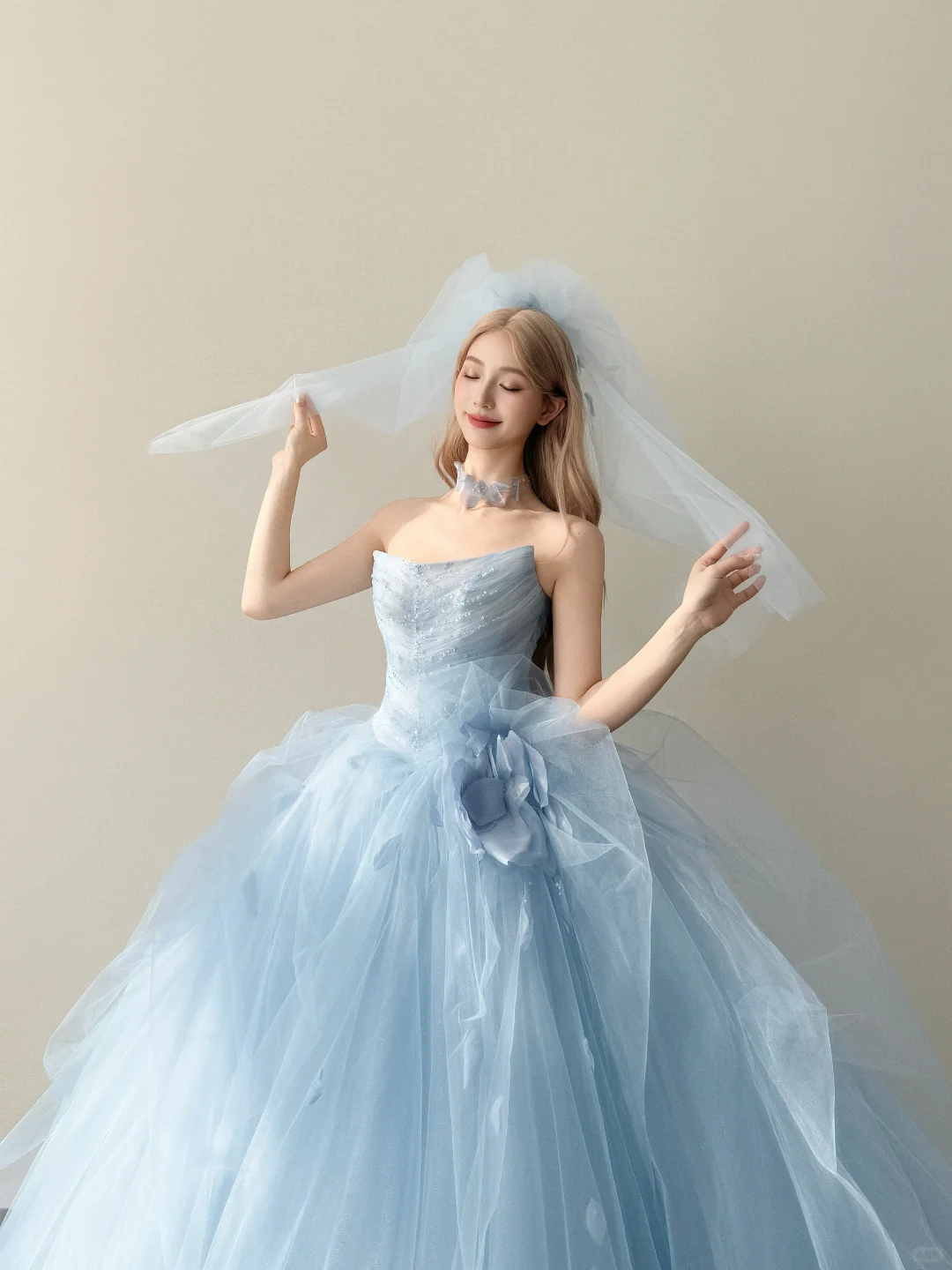 Light Ice Blue Strapless Prom Gown Beaded 3D Flower Multi-Layer Tulle A Line Evening Dress  NV7150