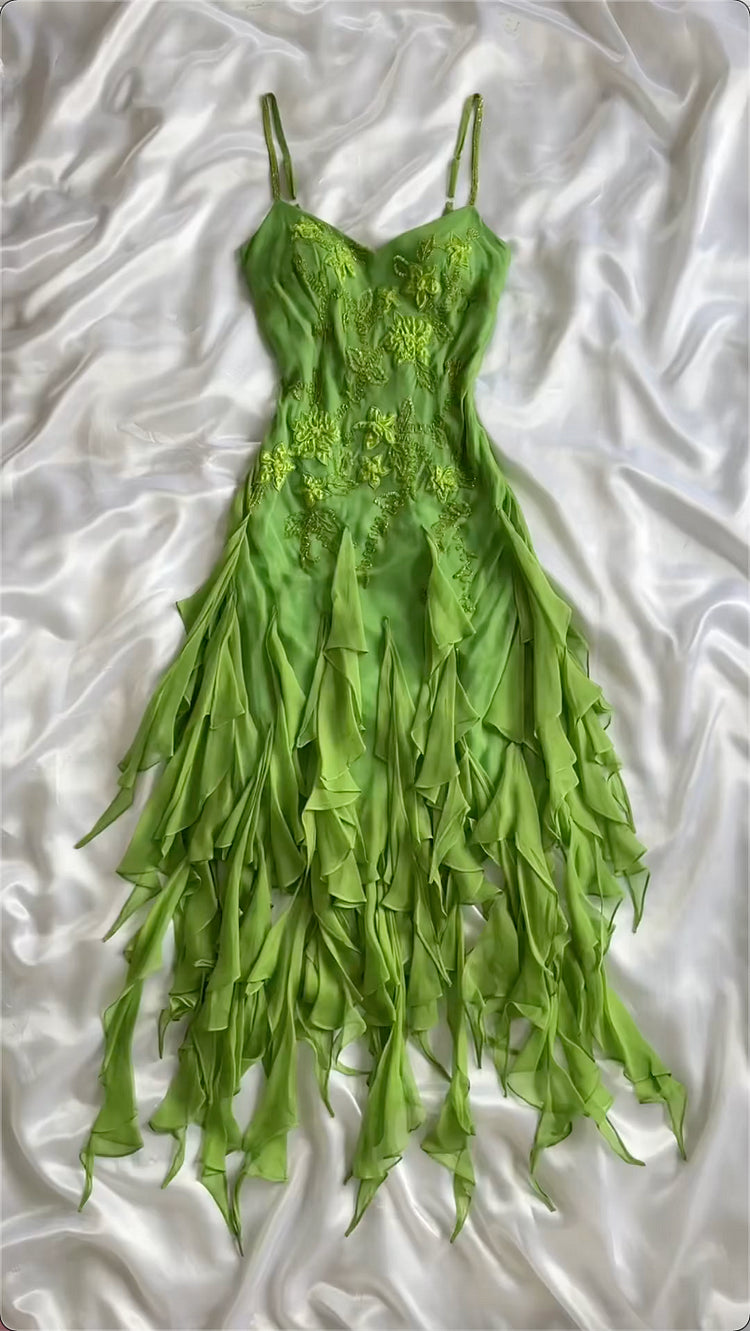 Green shiny fashion exquisite floral beading spaghetti straps long chiffon ruffles long ball gown evening dress party dress nv3578