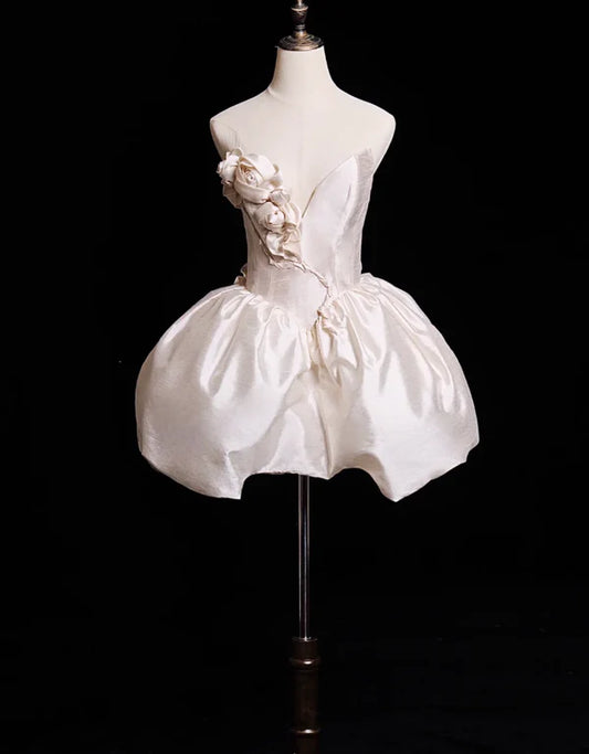 Cute A Line V Neck 3D Floral White Satin Short Homecoming Dress Birthday Dress nv5395