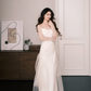 Strapless Satin Minimalist Wedding Dress, Ivory Bridal Gown with Tulle Sleeves  NV7281