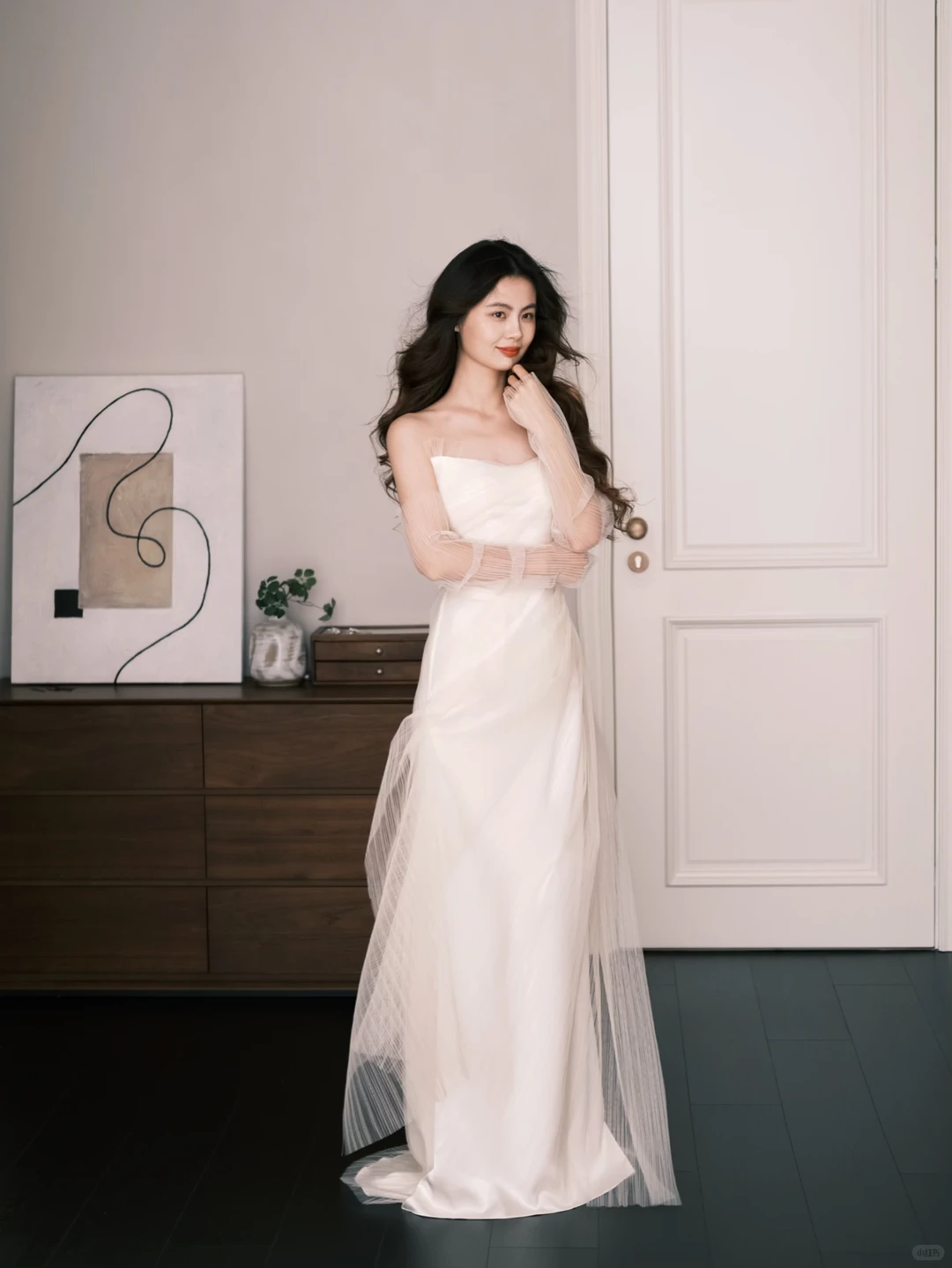 Strapless Satin Minimalist Wedding Dress, Ivory Bridal Gown with Tulle Sleeves  NV7281