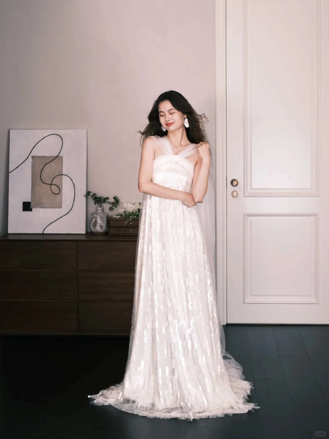 Cross Halter White Sequin Tulle Prom Dress, Sparkly Flowy Long Evening Gown  NV7307