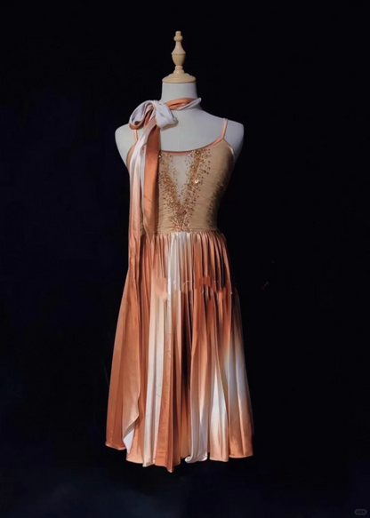 Spaghetti Strap Ombre Brown Midi Prom Dress Sheer V Neck Rhinestone Beading Pleated Skirt Flowing Ribbon Formal Gown  NV6899
