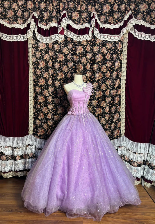 Purple Sparkling Fairy Elegant Exquisite Beaded Floral Long Floor Length Tulle Ball Gown Evening Gown Party Dress nv4013