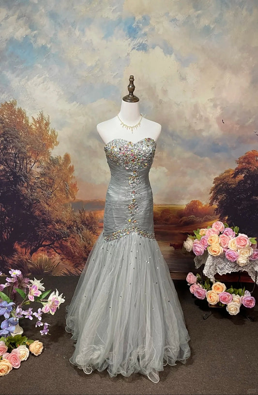 Silver Grey Vintage Elegant Exquisite Gem Beaded Long Tulle Ball Gown Evening Dress Prom Dress nv4079
