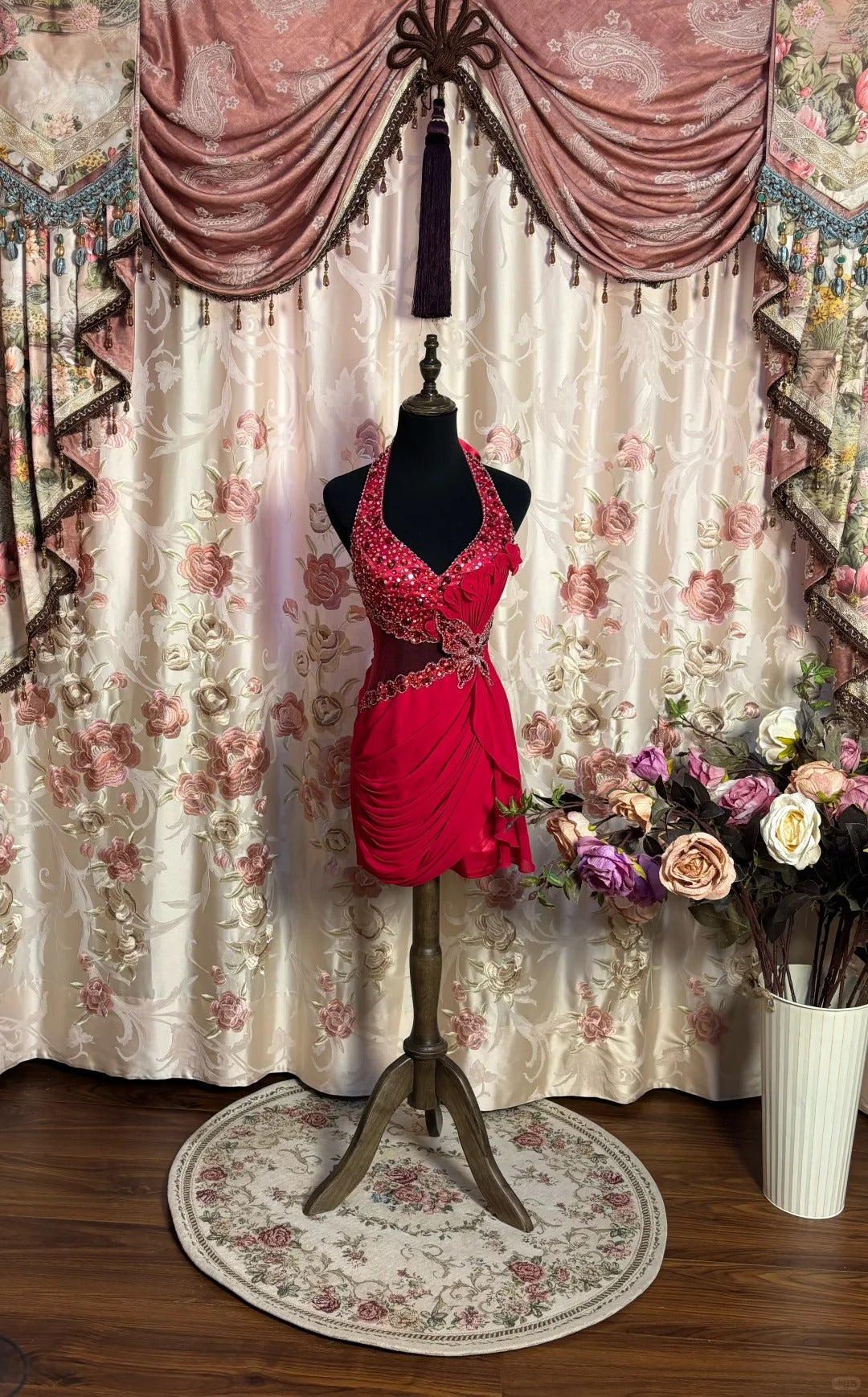 Rotes funkelndes Fee-Elegantes zartes Perlen-Schmetterlings-Kurzes Chiffon-Tüll-Heimkehrkleid-Abschlussballkleid-Abendkleid-Partykleid-Abschlussballkleid nv4014