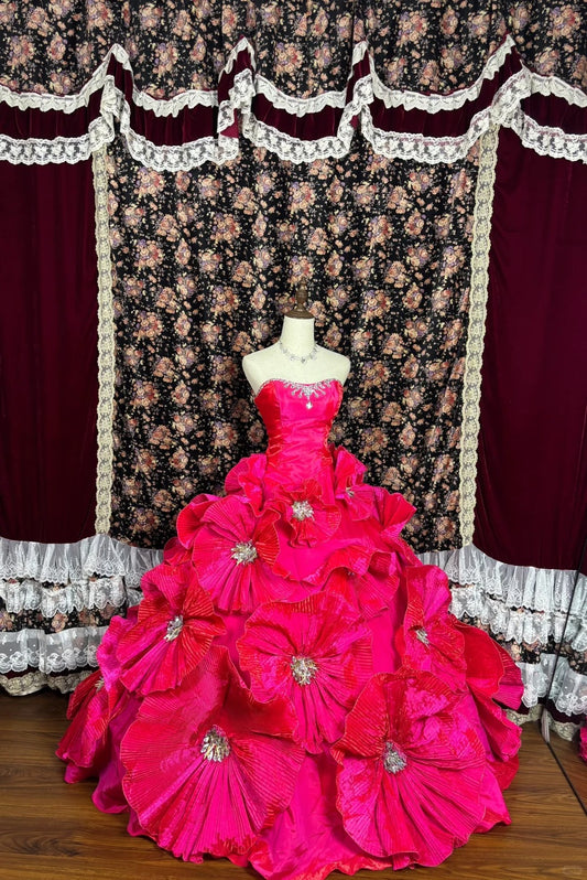 Dark pink floral princess long tulle ball gown evening dress quinceanera dress nv4655