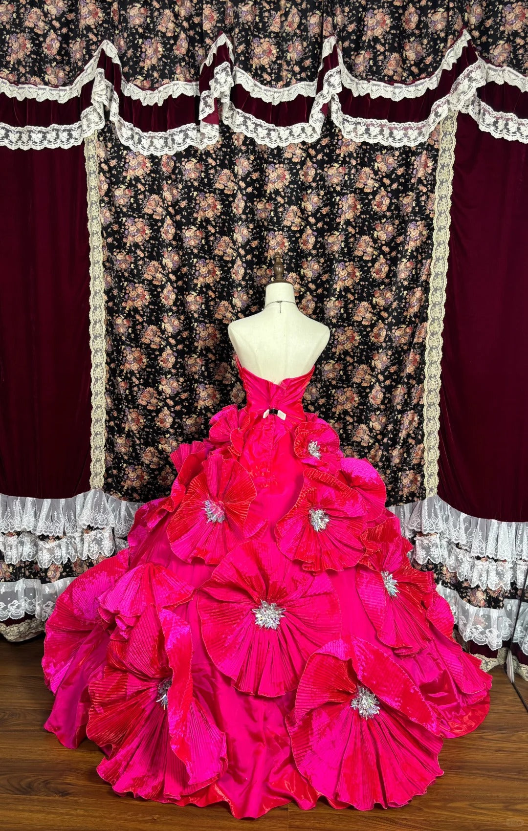 Dark pink floral princess long tulle ball gown evening dress quinceanera dress nv4655