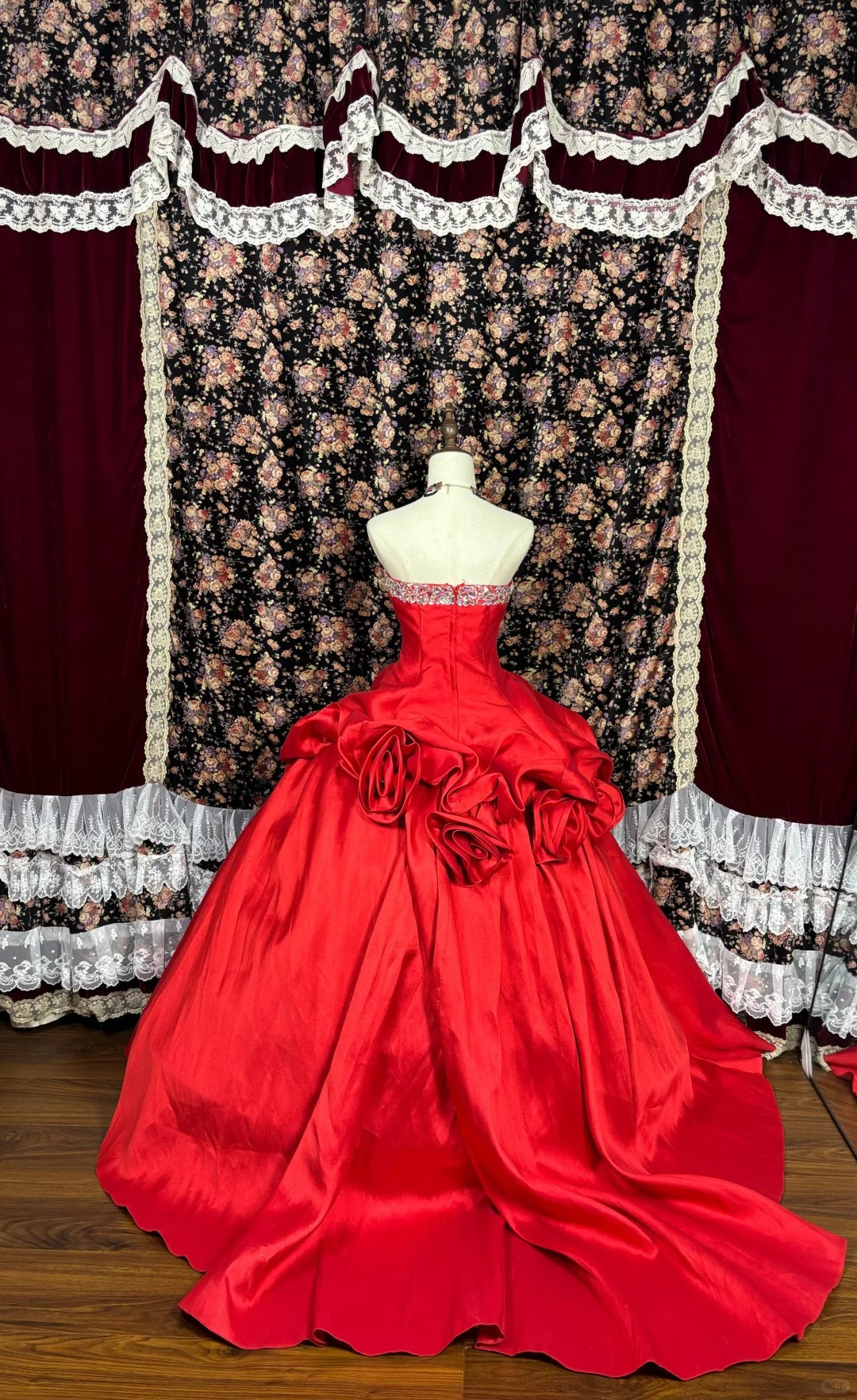 Robe de soirée longue en satin à fleurs rouges, robe de princesse, robe de bal, robe de quinceanera, nv4653
