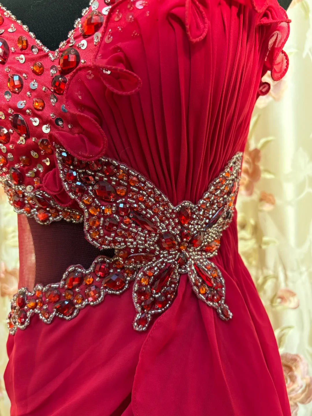 Rotes funkelndes Fee-Elegantes zartes Perlen-Schmetterlings-Kurzes Chiffon-Tüll-Heimkehrkleid-Abschlussballkleid-Abendkleid-Partykleid-Abschlussballkleid nv4014