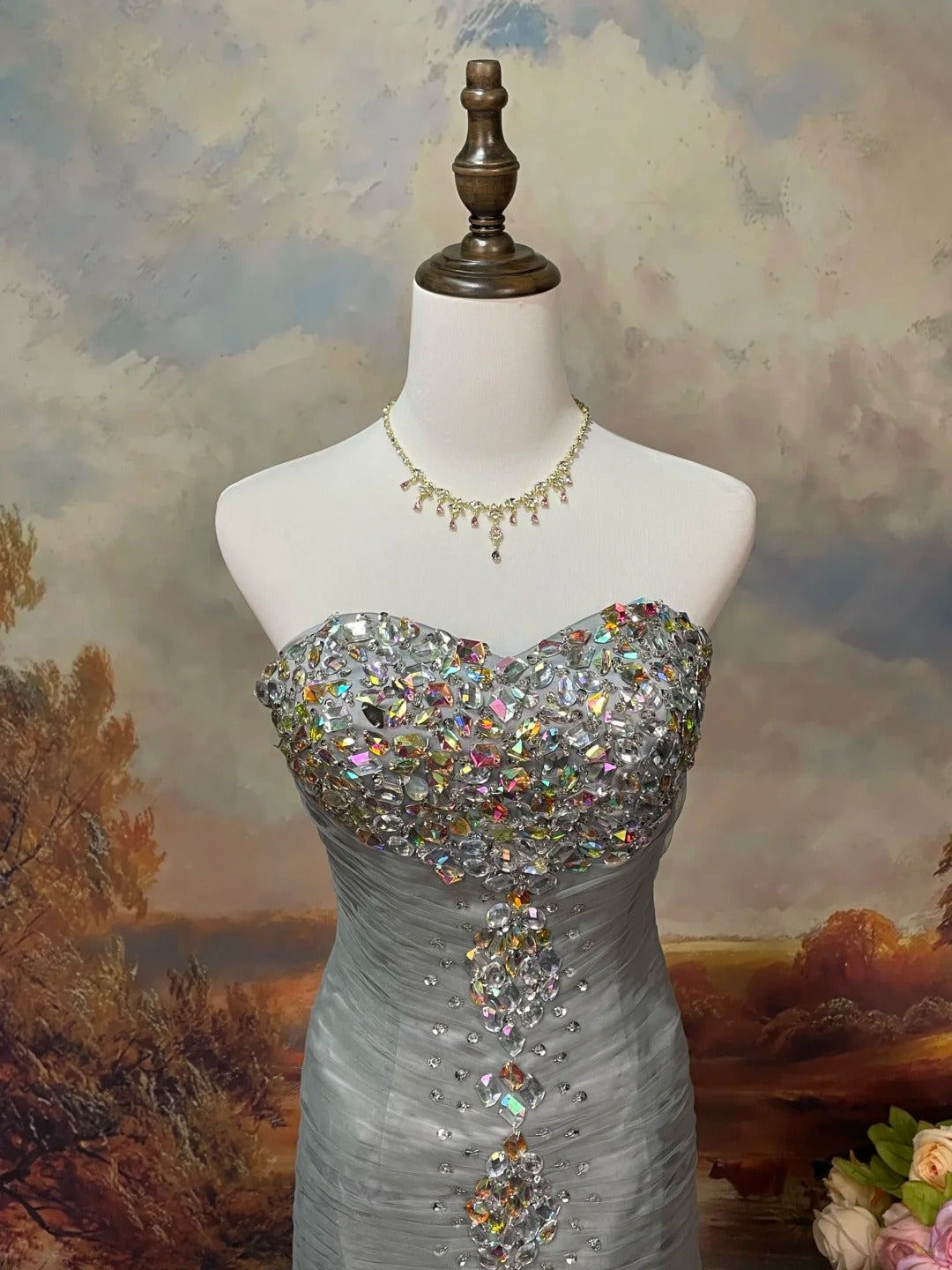 Silbergrau Vintage Elegant Exquisite Edelstein Perlen Langes Tüll Ballkleid Abendkleid Ballkleid nv4079