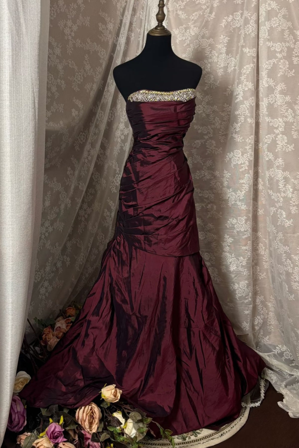 Burgundy Satin Train Mermaid Gown | Beaded Strapless Vintage Elegant Evening Dress NV6317
