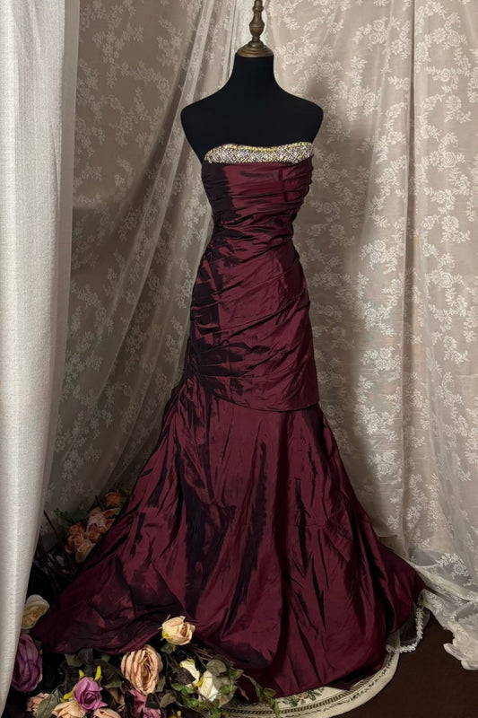 Burgundy Satin Train Mermaid Gown | Beaded Strapless Vintage Elegant Evening Dress NV6317