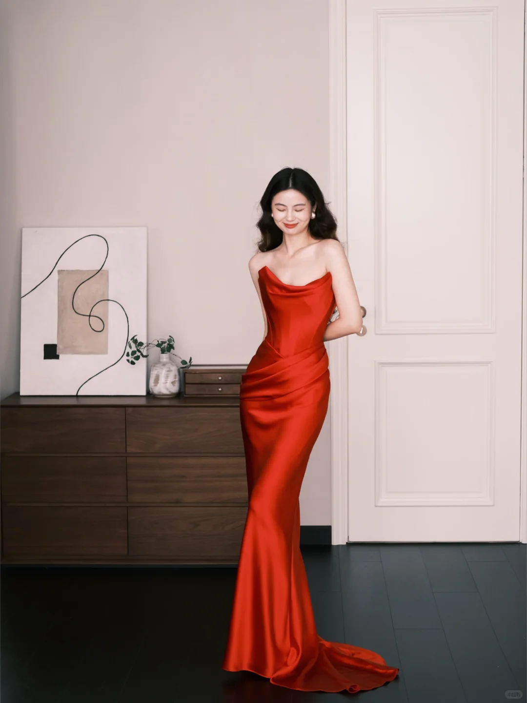 Bright Red Strapless Satin Mermaid Evening Gown  NV7226