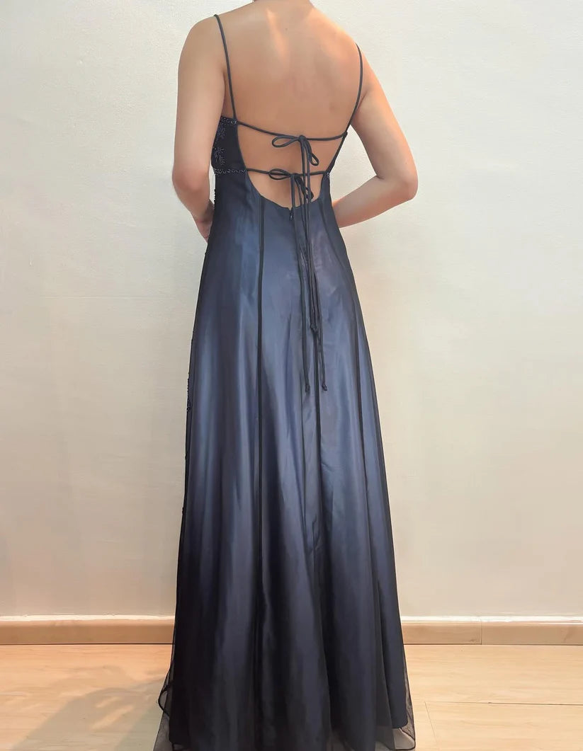 NiceVestidos--Dark blue/dark grey floral exquisite beaded long tulle prom gown fairy dress NV5777