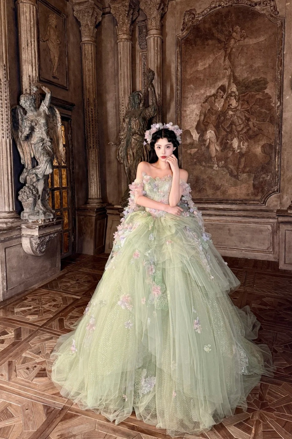 Green, gorgeous, delicate floral long tulle ball gown NV6642