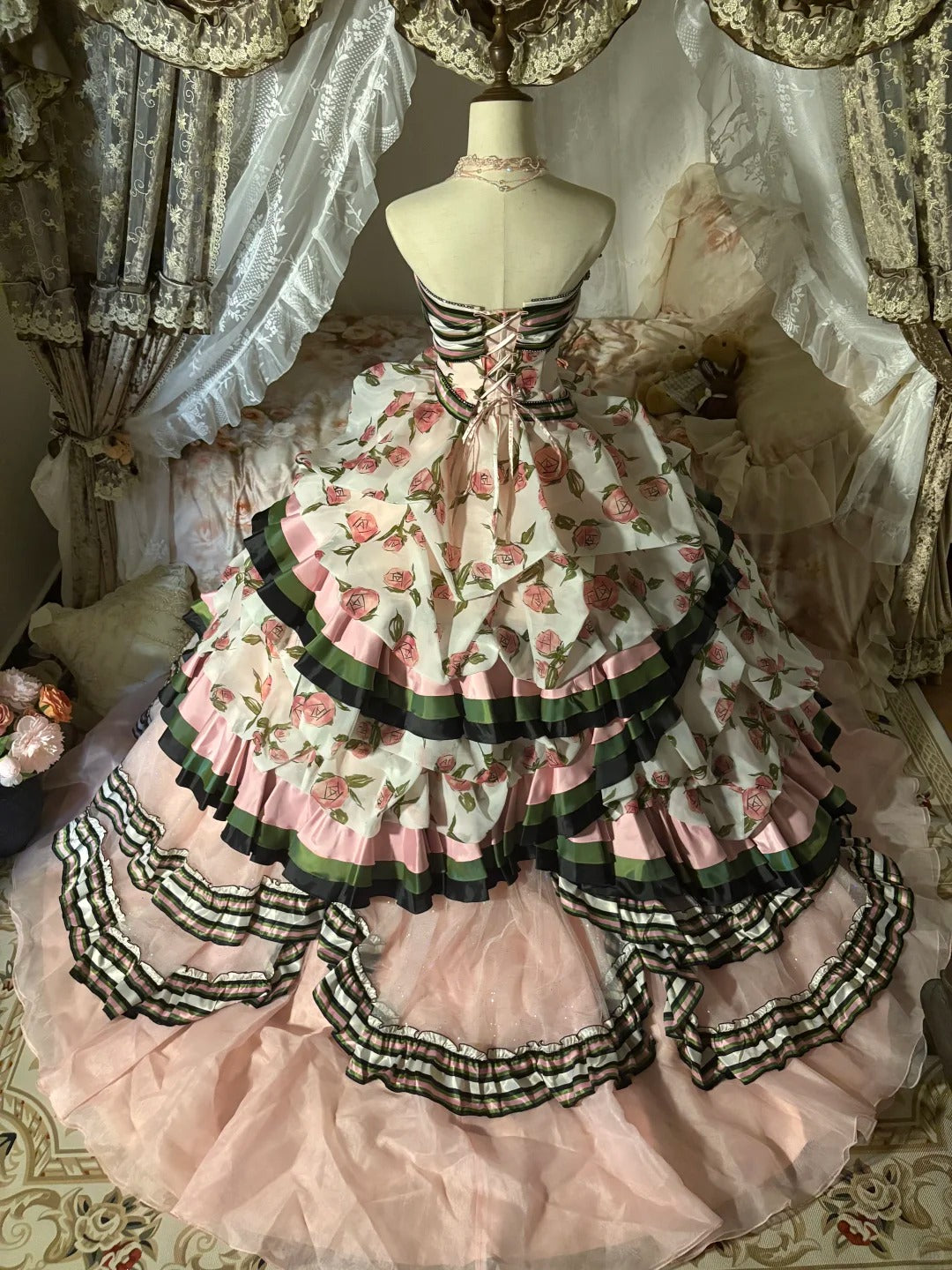 Rosa Blumen Prinzessin Tüll Bodenlanges Ballkleid nv5173