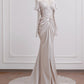 Champagne white fashionable and elegant mermaid tight long sleeves long satin trailing Prom Dress evening dress nv4971