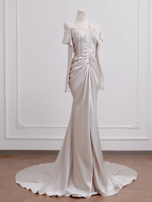 Champagne white fashionable and elegant mermaid tight long sleeves long satin trailing Prom Dress evening dress nv4971