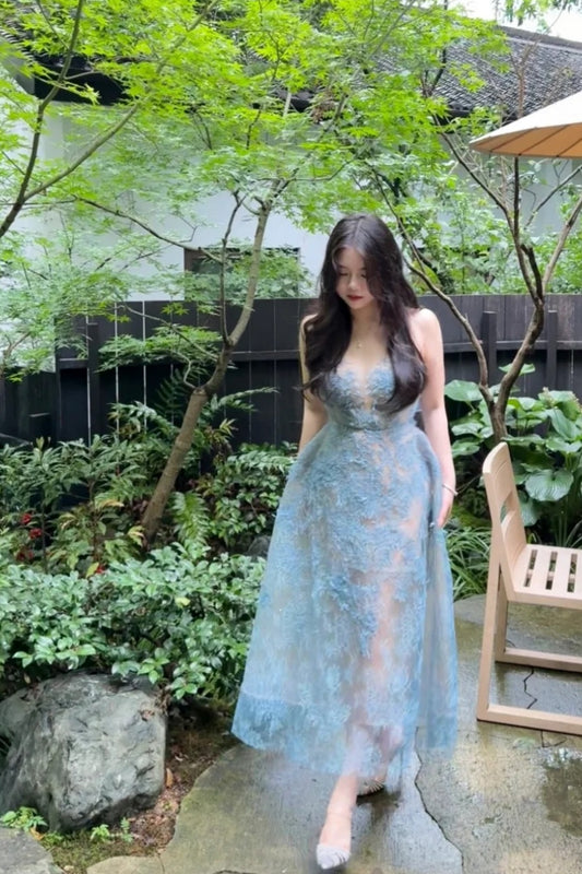 NiceVestidos – Kurzes/mittellanges Tüll-Heimkehrkleid, Geburtstagskleid, blau, zarte Spitze, sanfte feine Pailletten, Netz, elegantes Cinderella-blaues Prinzessinnenkleid #Geburtstagsoutfit #Feenkleid #blau NV5669