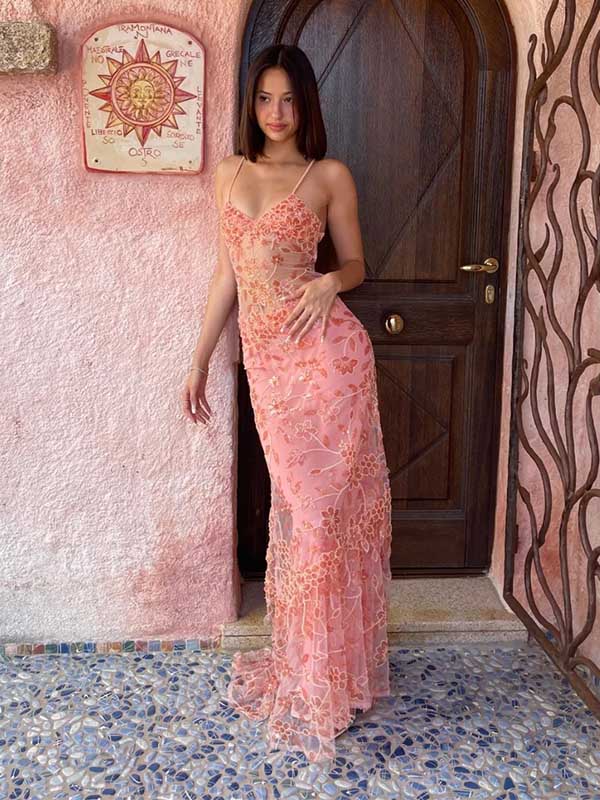 Pink Glitter Floral Exquisite Beading Elegant Spaghetti Strap Sleeveless Mermaid Long Tulle Ball Gown Evening Dress Party Dress nv3806
